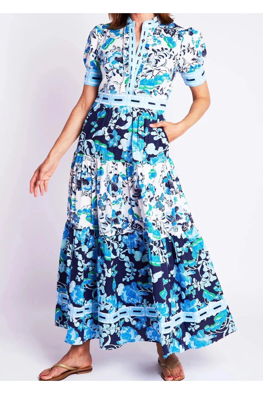 Cordelia White/Blue Annabelle Short Sleeve Maxi Dress