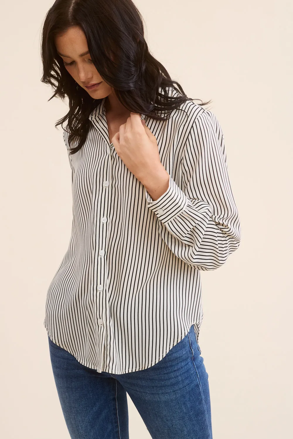 Cream and Black Striped Button Down