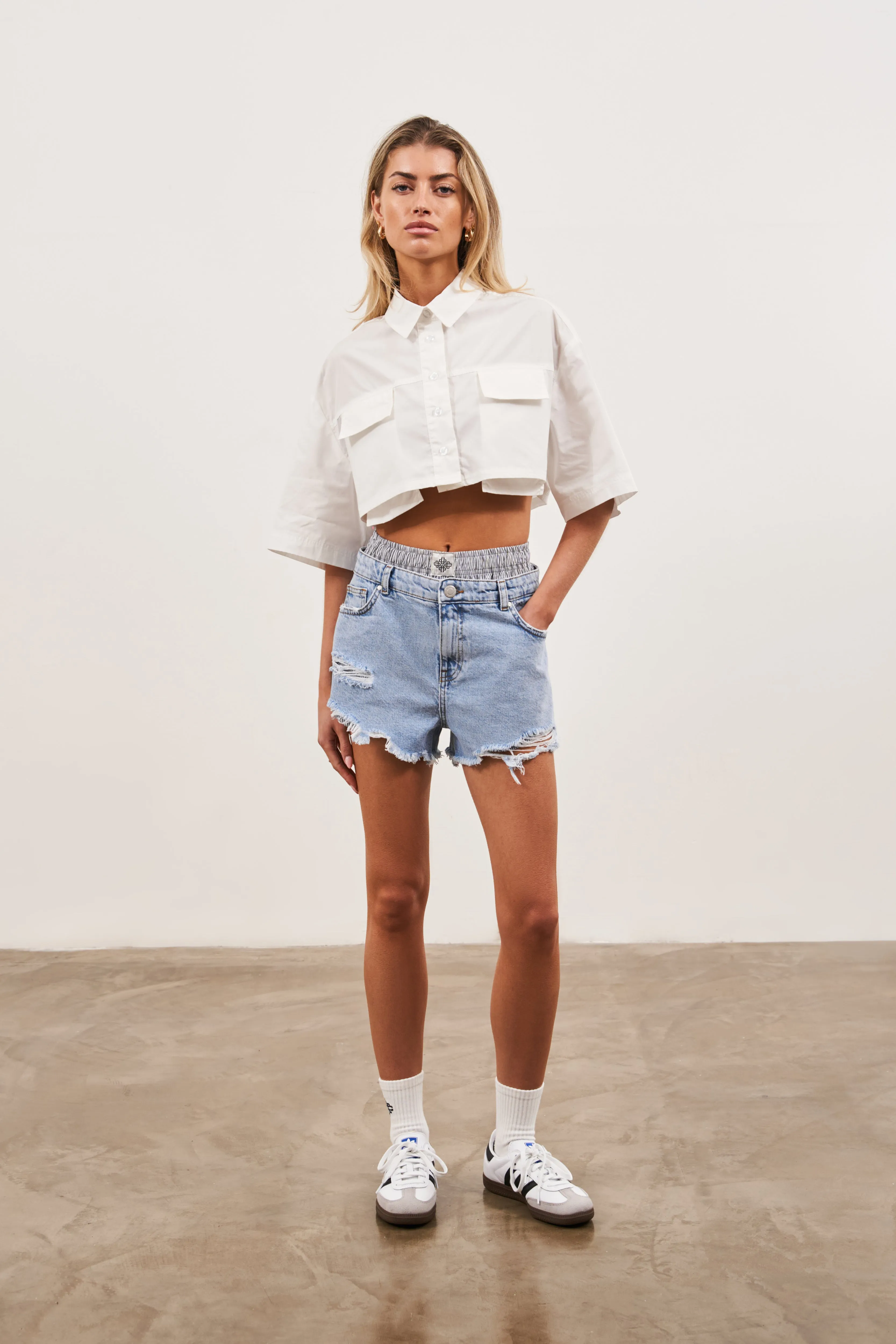 CROPPED POPLIN POCKET DETAIL SHIRT - WHITE