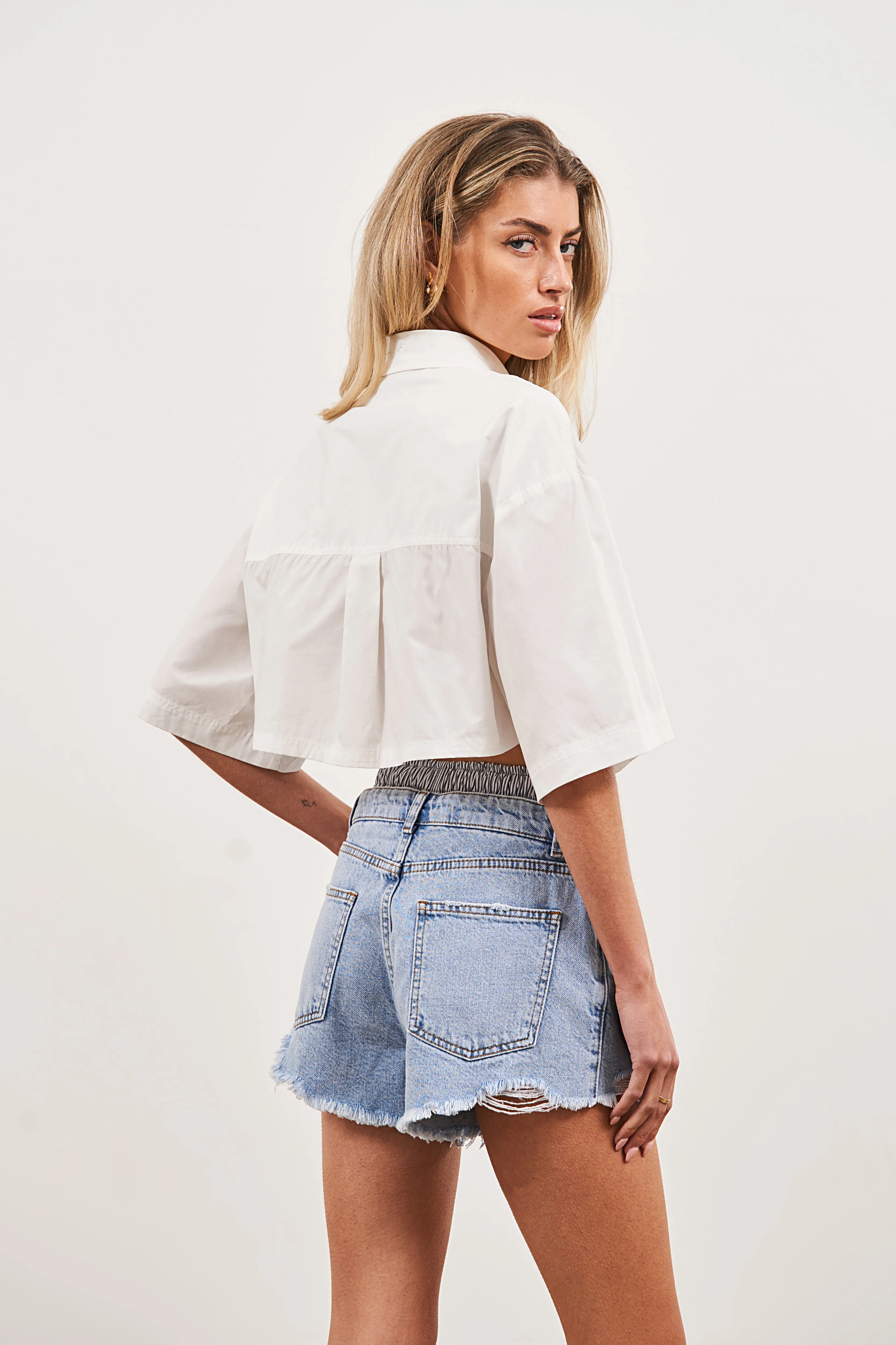 CROPPED POPLIN POCKET DETAIL SHIRT - WHITE