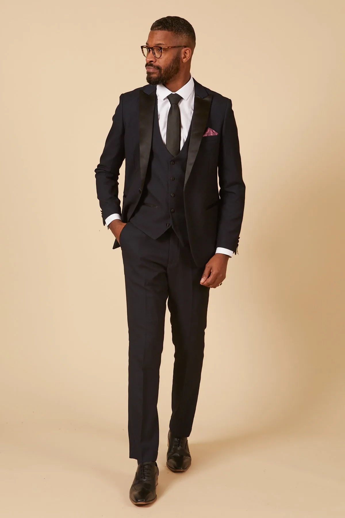 DALTON - Navy Tux Lapel Diamond Three Piece Suit