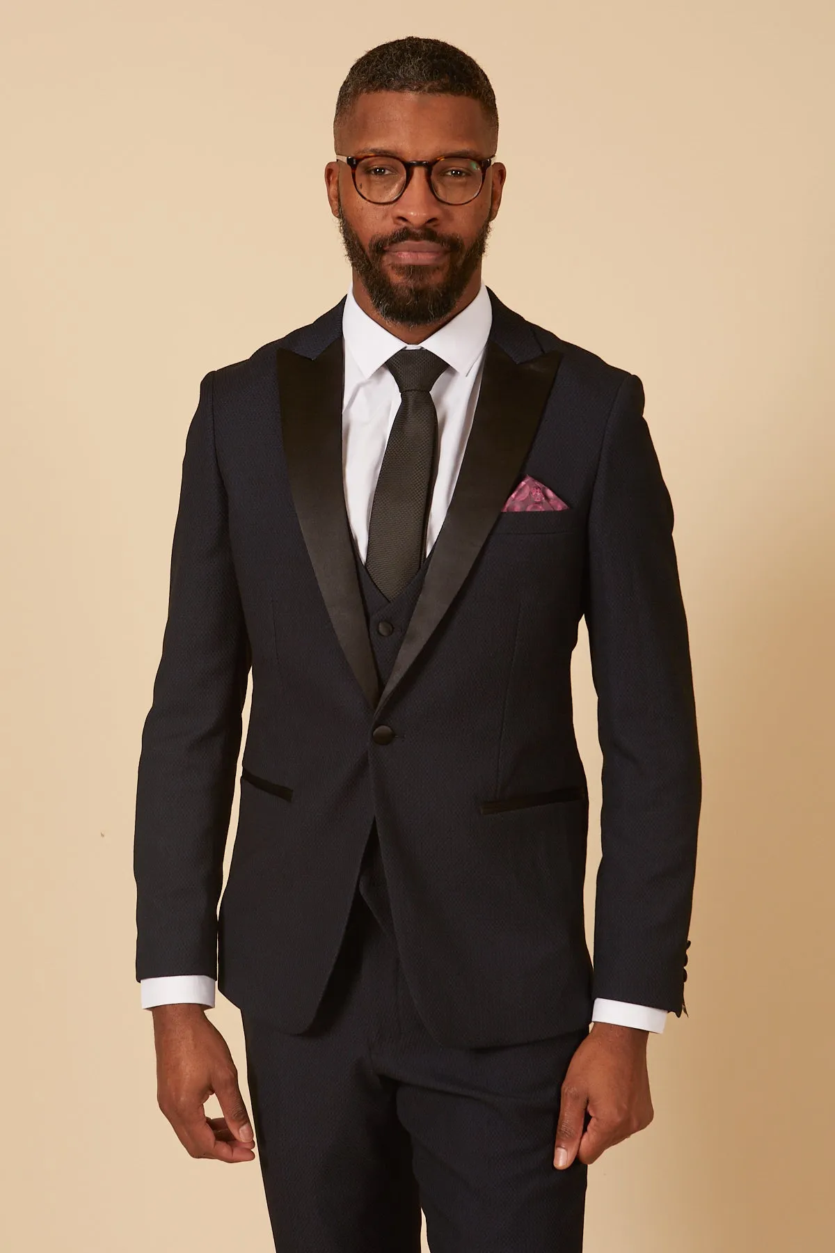 DALTON - Navy Tux Lapel Diamond Three Piece Suit