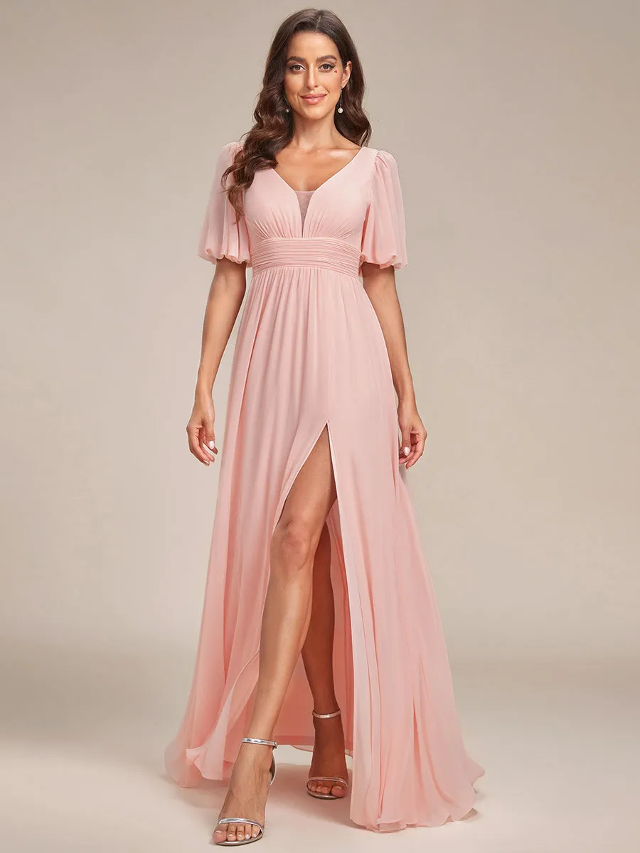 Deep V Neck A Line Half Puff Sleeves Wholesale Bridesmaid Dresses