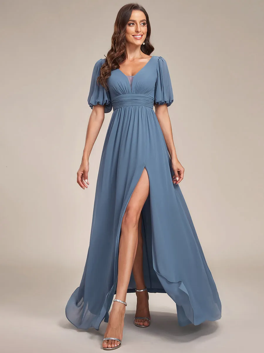 Deep V Neck A Line Half Puff Sleeves Wholesale Bridesmaid Dresses