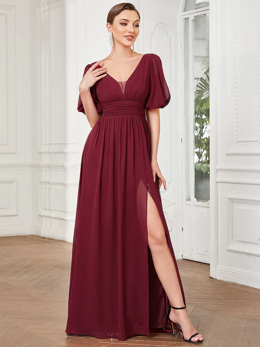 Deep V Neck A Line Half Puff Sleeves Wholesale Bridesmaid Dresses