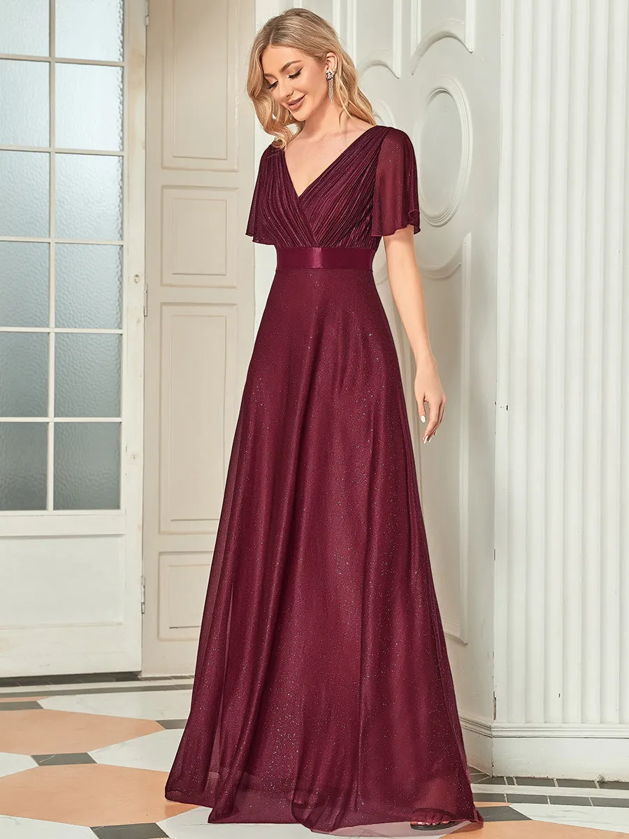 Deep V Neck Ruffles Sleeve A Line Wholesale Evening Dresses