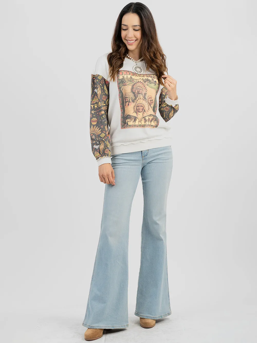 Delila Women Studded "101 Ranch Wild West" Graphic Print Distressed Long Sleeve Sweatshirt DL-T079  （Prepack 7 Pcs）