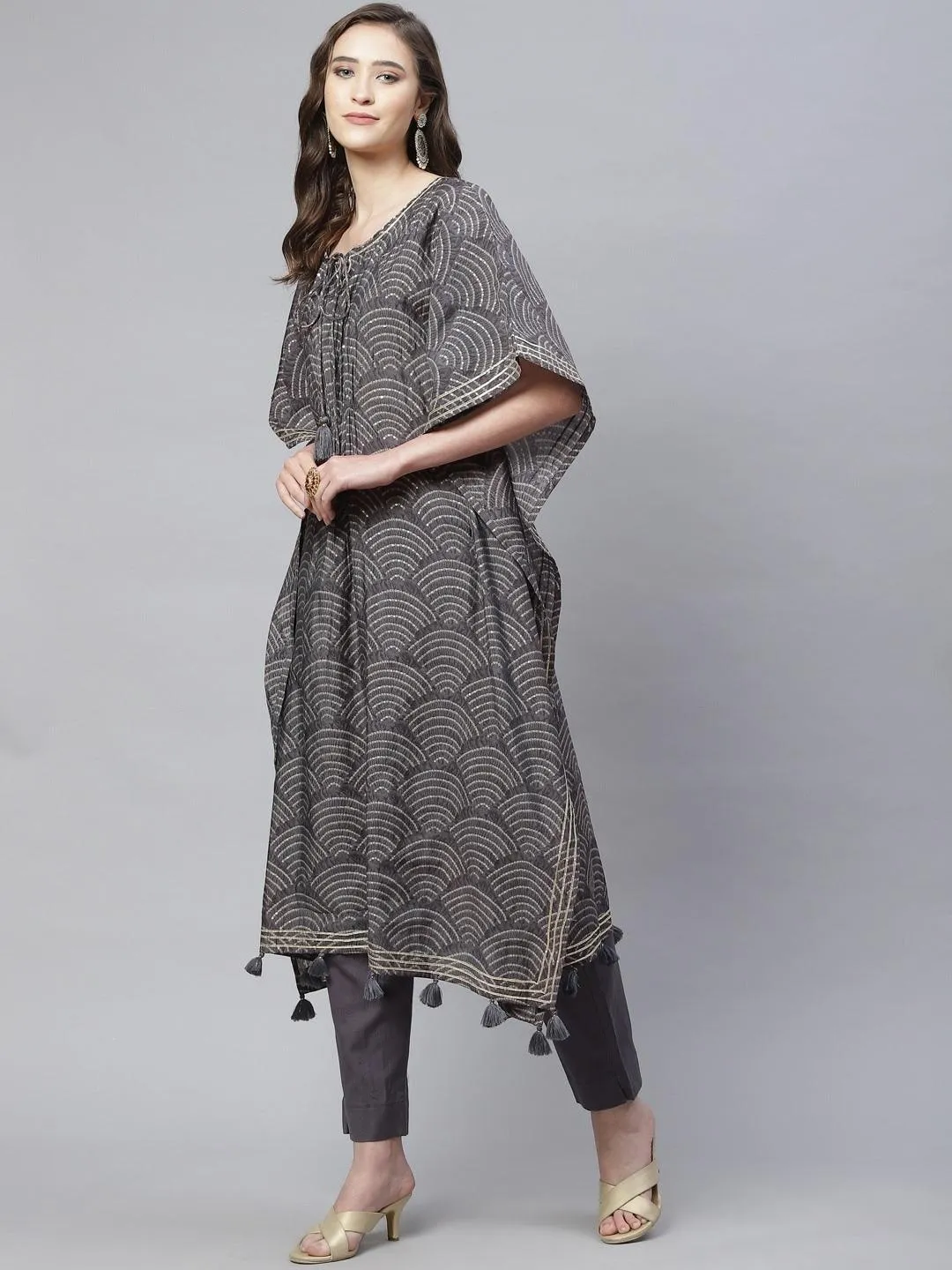 Divena Grey Modal Bandhej Kaftan Pant Set