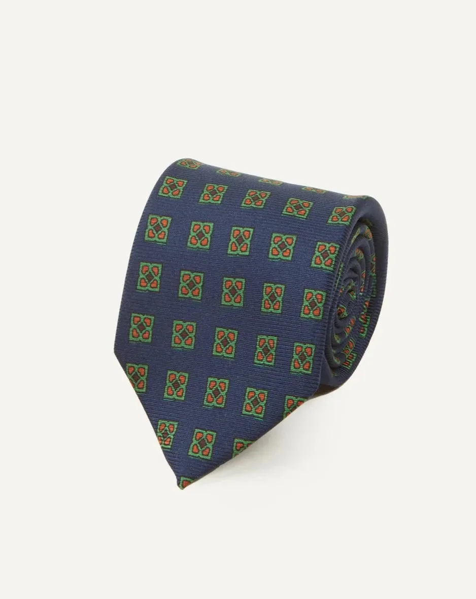 Drake's Diamond Medallion Print Madder Twill Silk Tie / Navy & Green