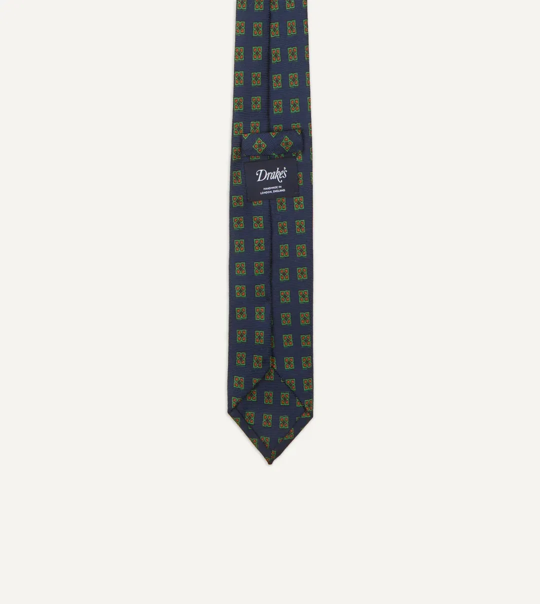 Drake's Diamond Medallion Print Madder Twill Silk Tie / Navy & Green