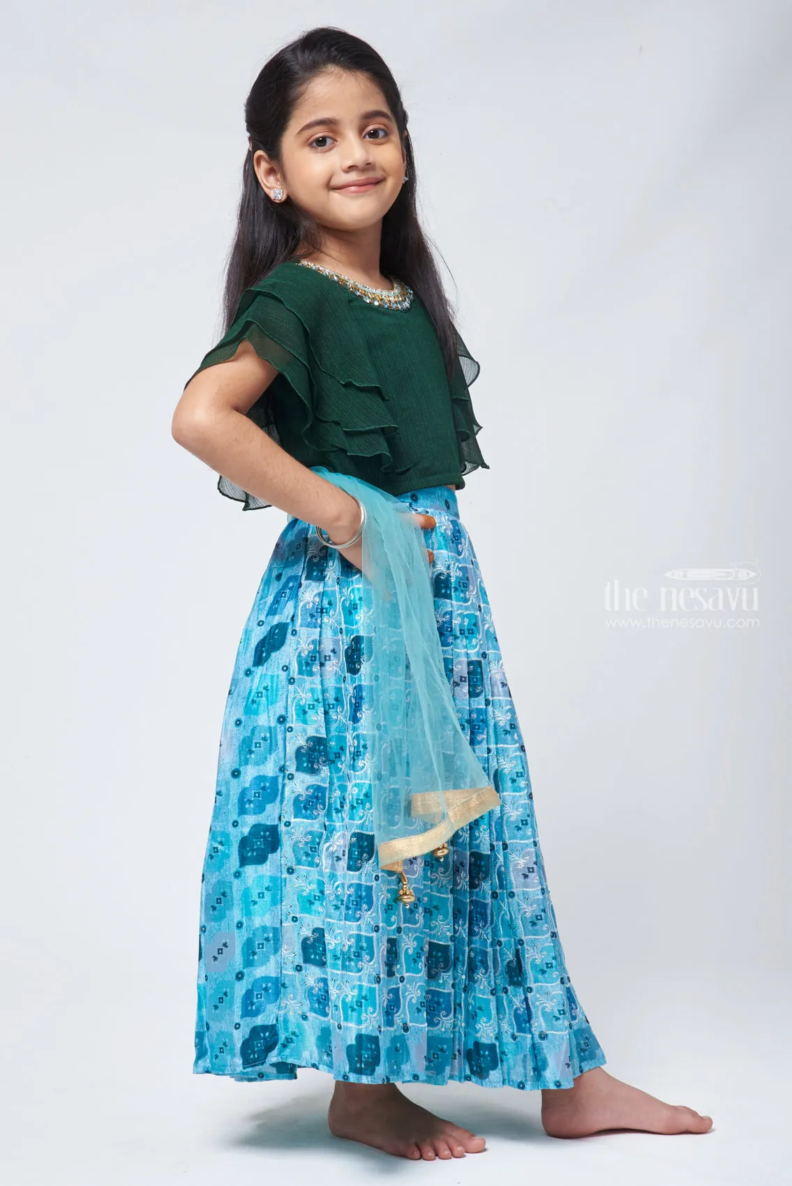 Emerald Enchantment Rhinestone Green Top & Embroidered Blue Ghagra for Girls