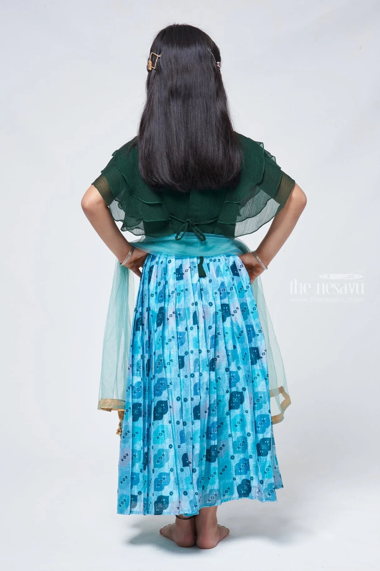 Emerald Enchantment Rhinestone Green Top & Embroidered Blue Ghagra for Girls