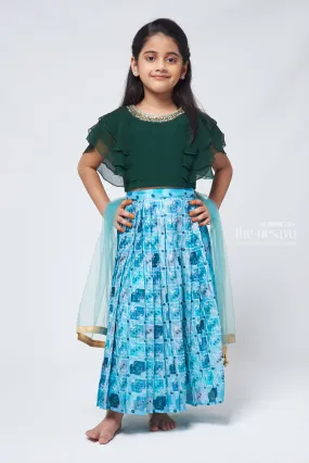 Emerald Enchantment Rhinestone Green Top & Embroidered Blue Ghagra for Girls