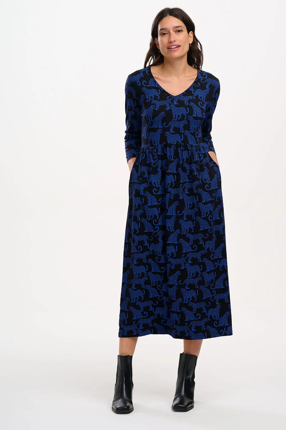 Evelyn Midi Jersey Dress - Black/Blue, Leopard Spots