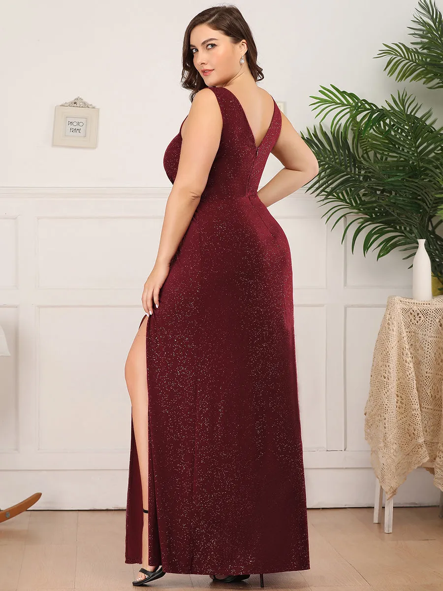 Floor Length V Neck Shimmery Wholesale Plus Size Evening Dresses