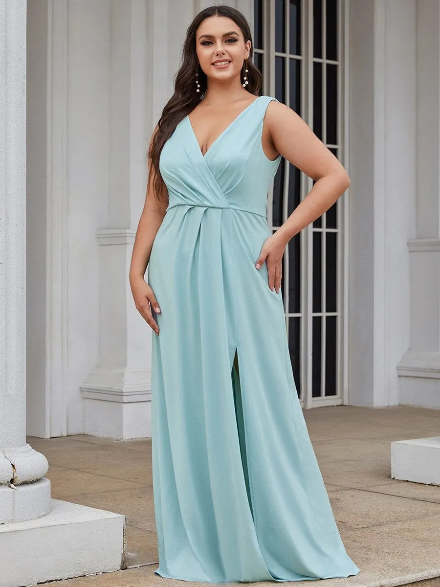 Floor Length V Neck Shimmery Wholesale Plus Size Evening Dresses