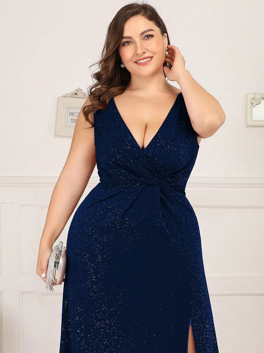 Floor Length V Neck Shimmery Wholesale Plus Size Evening Dresses