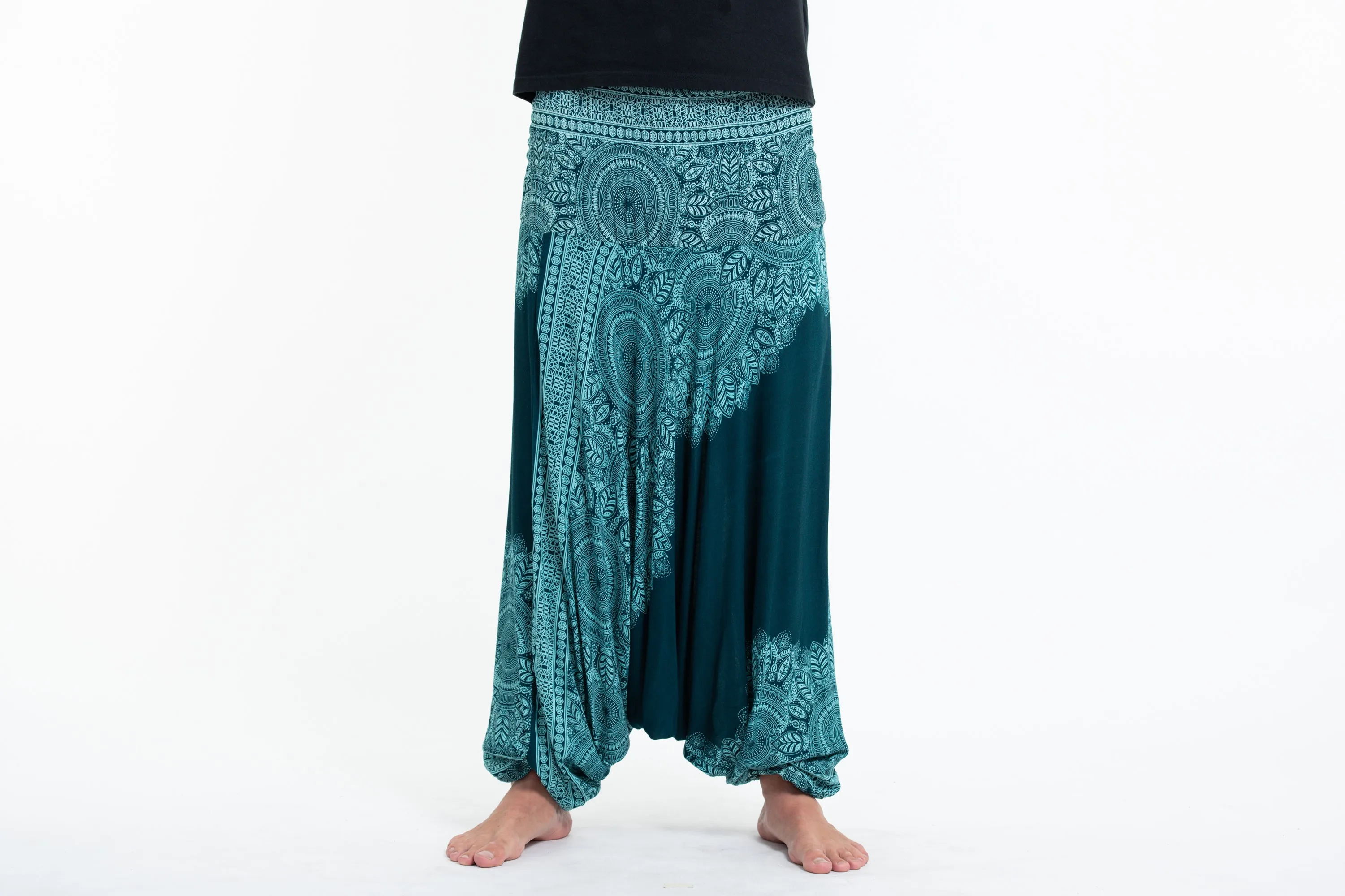 Floral Mandalas Drop Crotch Men's Harem Pants in Teal