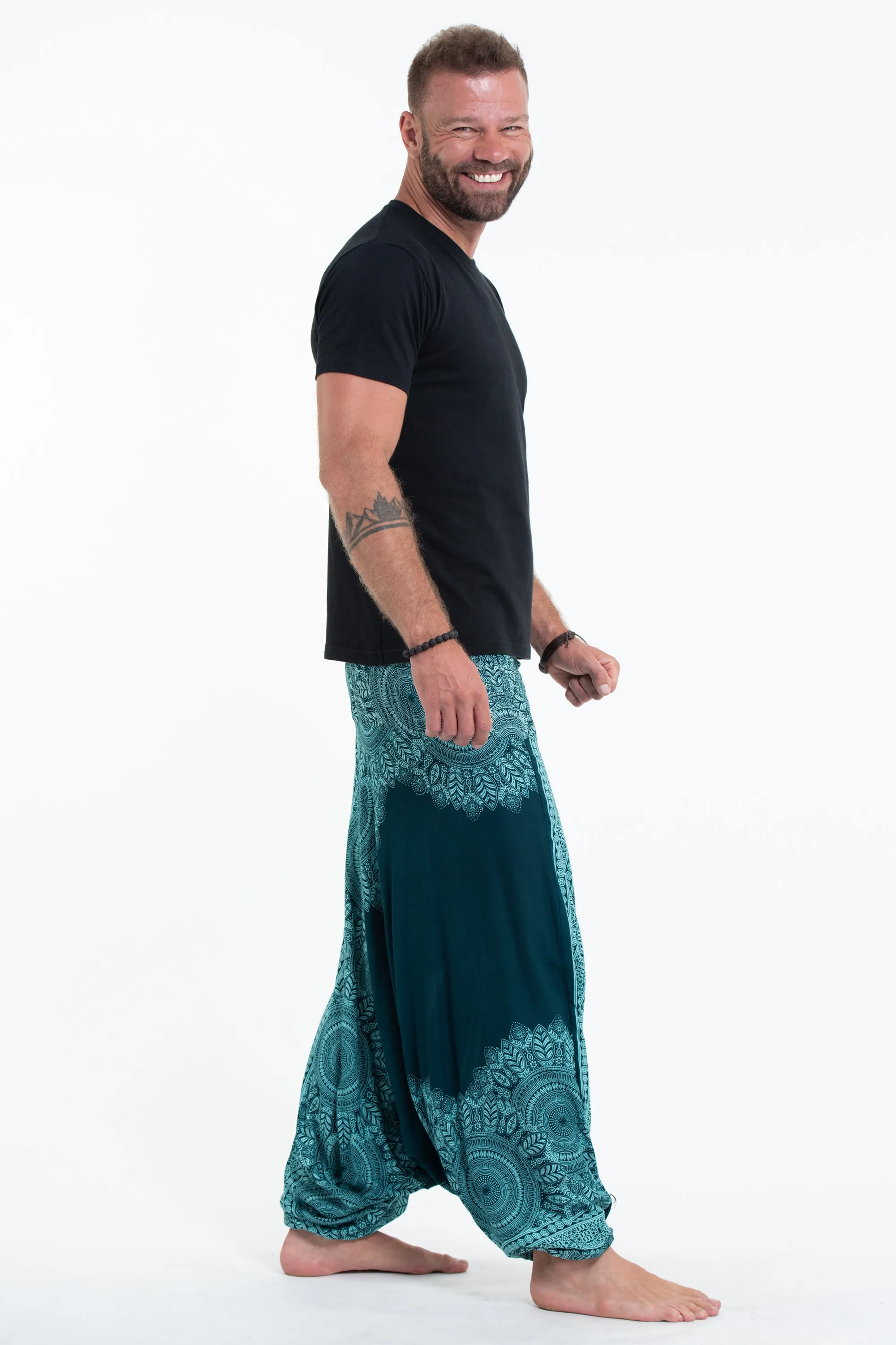 Floral Mandalas Drop Crotch Men's Harem Pants in Teal