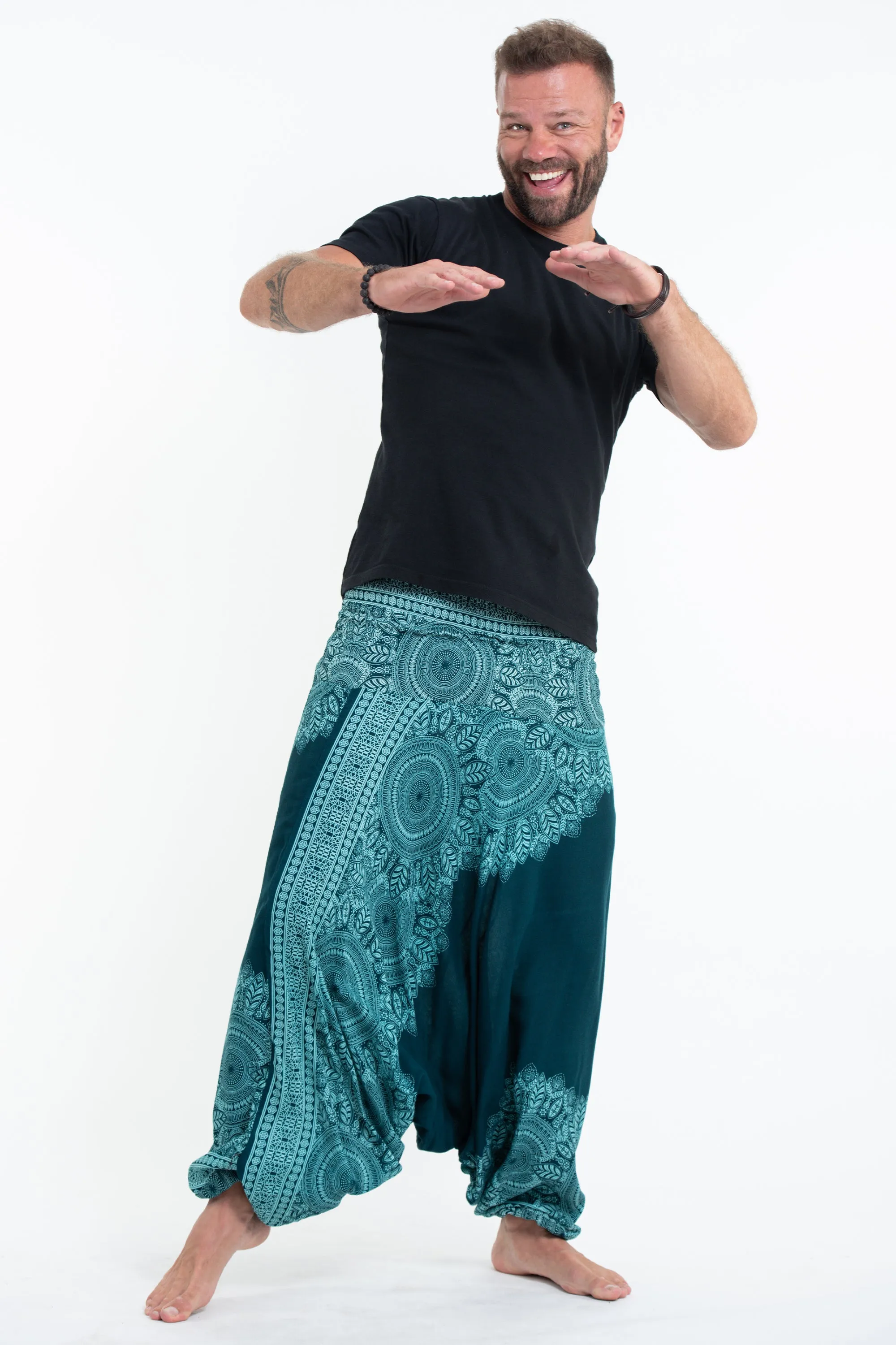 Floral Mandalas Drop Crotch Men's Harem Pants in Teal