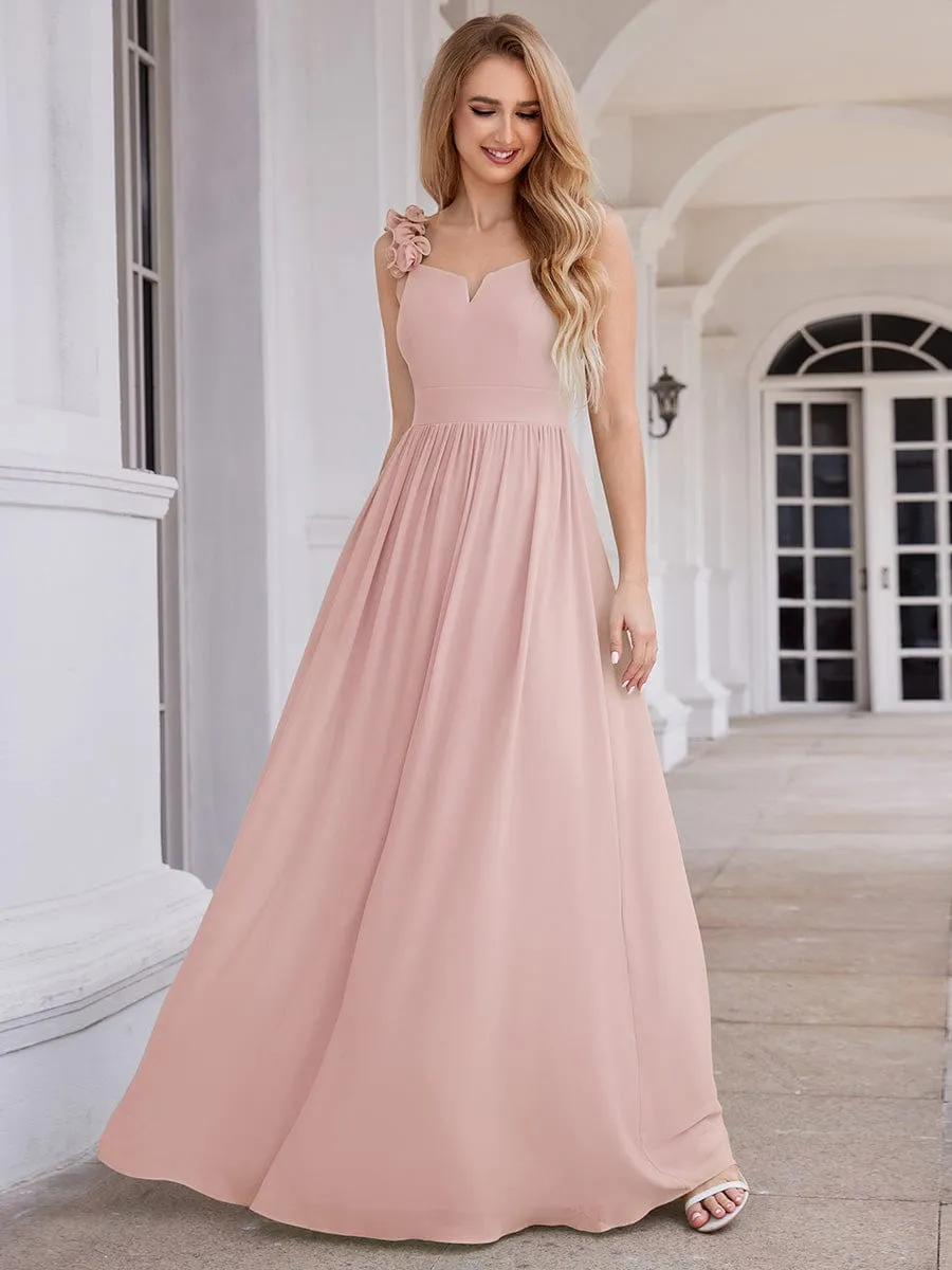 Floral Strap V-Neck Chiffon Bridesmaid Dress with A-Line Silhouette