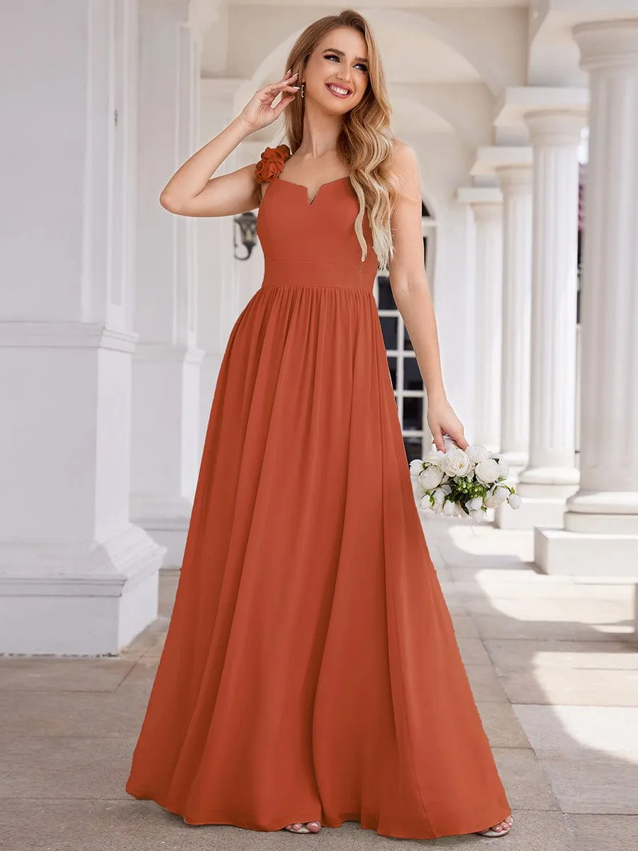 Floral Strap V-Neck Chiffon Bridesmaid Dress with A-Line Silhouette