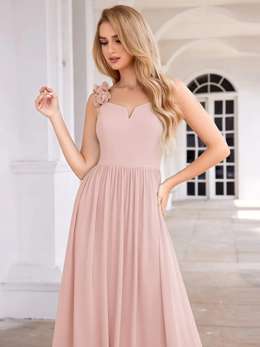 Floral Strap V-Neck Chiffon Bridesmaid Dress with A-Line Silhouette