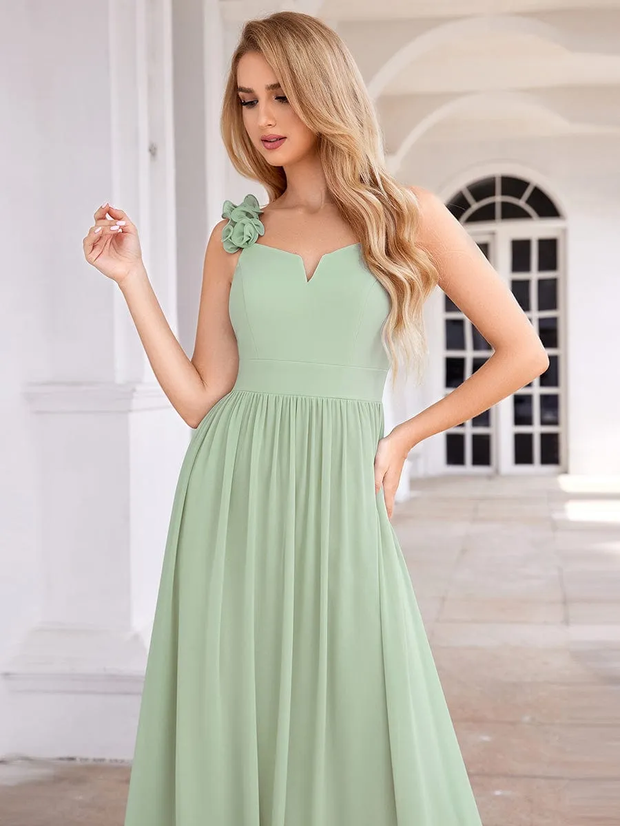 Floral Strap V-Neck Chiffon Bridesmaid Dress with A-Line Silhouette