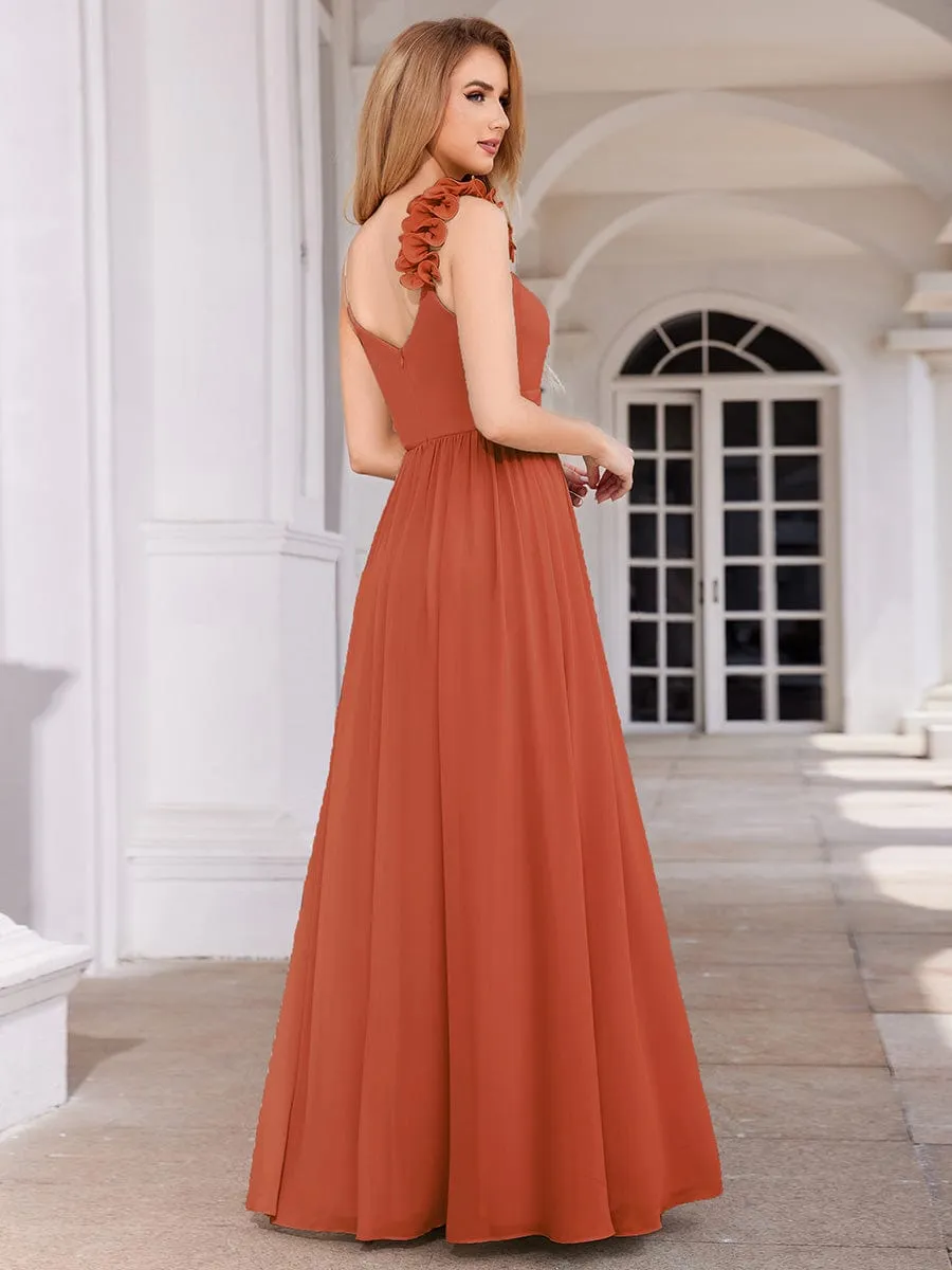 Floral Strap V-Neck Chiffon Bridesmaid Dress with A-Line Silhouette