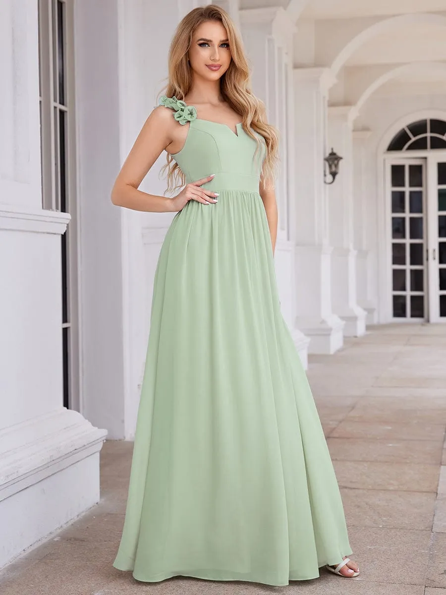 Floral Strap V-Neck Chiffon Bridesmaid Dress with A-Line Silhouette