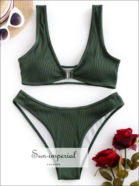 Front Closure Textured Ribbed High Cut Bikini Sets Swimsuit