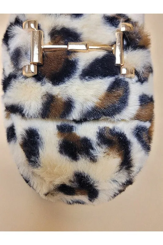 Fuzzy Leopard Slide Slippers - Tan