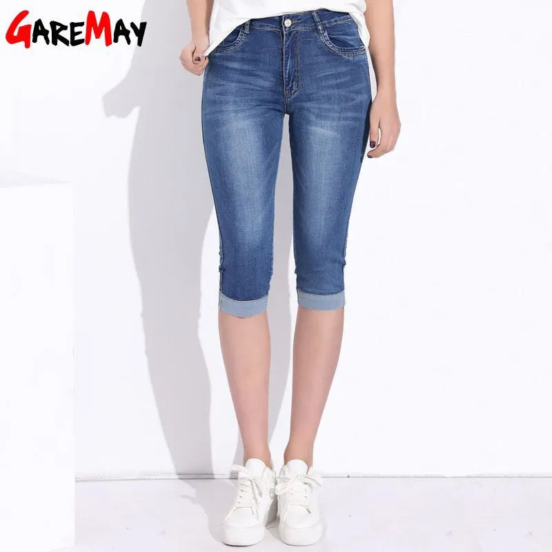 GAREMAY Plus Size Skinny Capris Jeans Stretch Knee Length High Waist