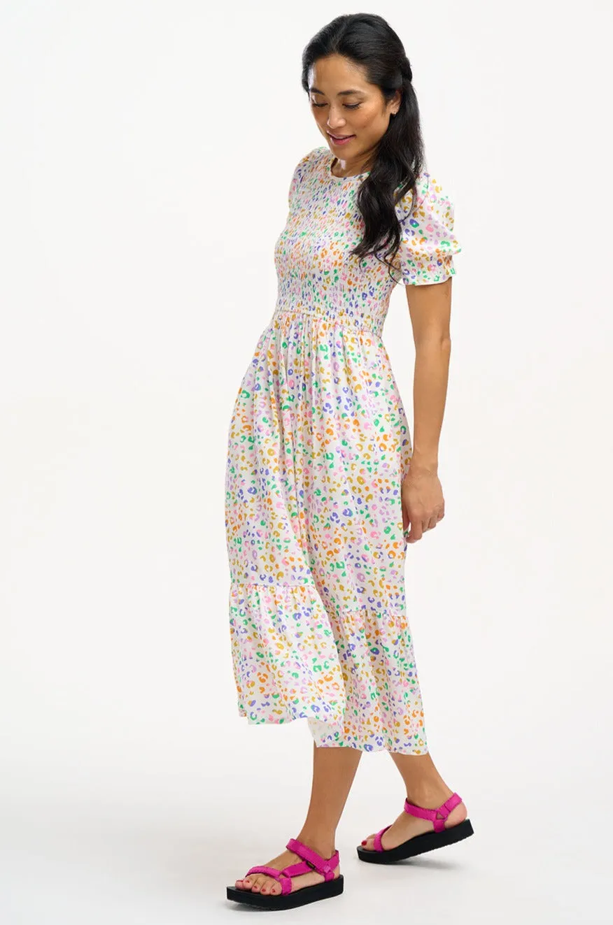 Gemma Shirred Midi Dress - Off-White/Multi, Mottled Leopard