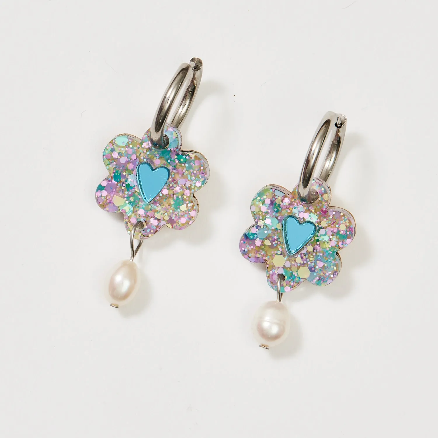 Heart Flower   Pearl Earrings - Blue Mermaid