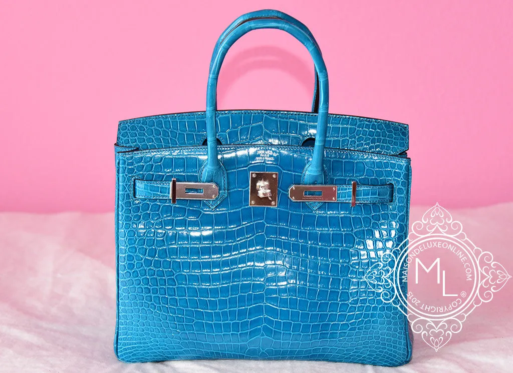 Hermes Blue Izmir Turquoise Porosus Crocodile Birkin 30 Bag