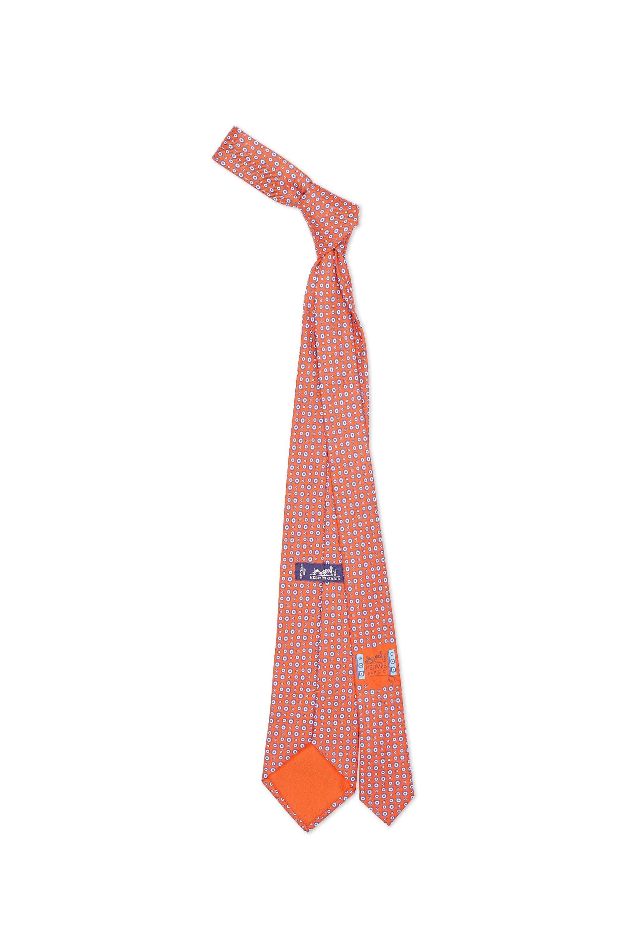 Hermes Orange with Blue/White Pattern Silk Tie