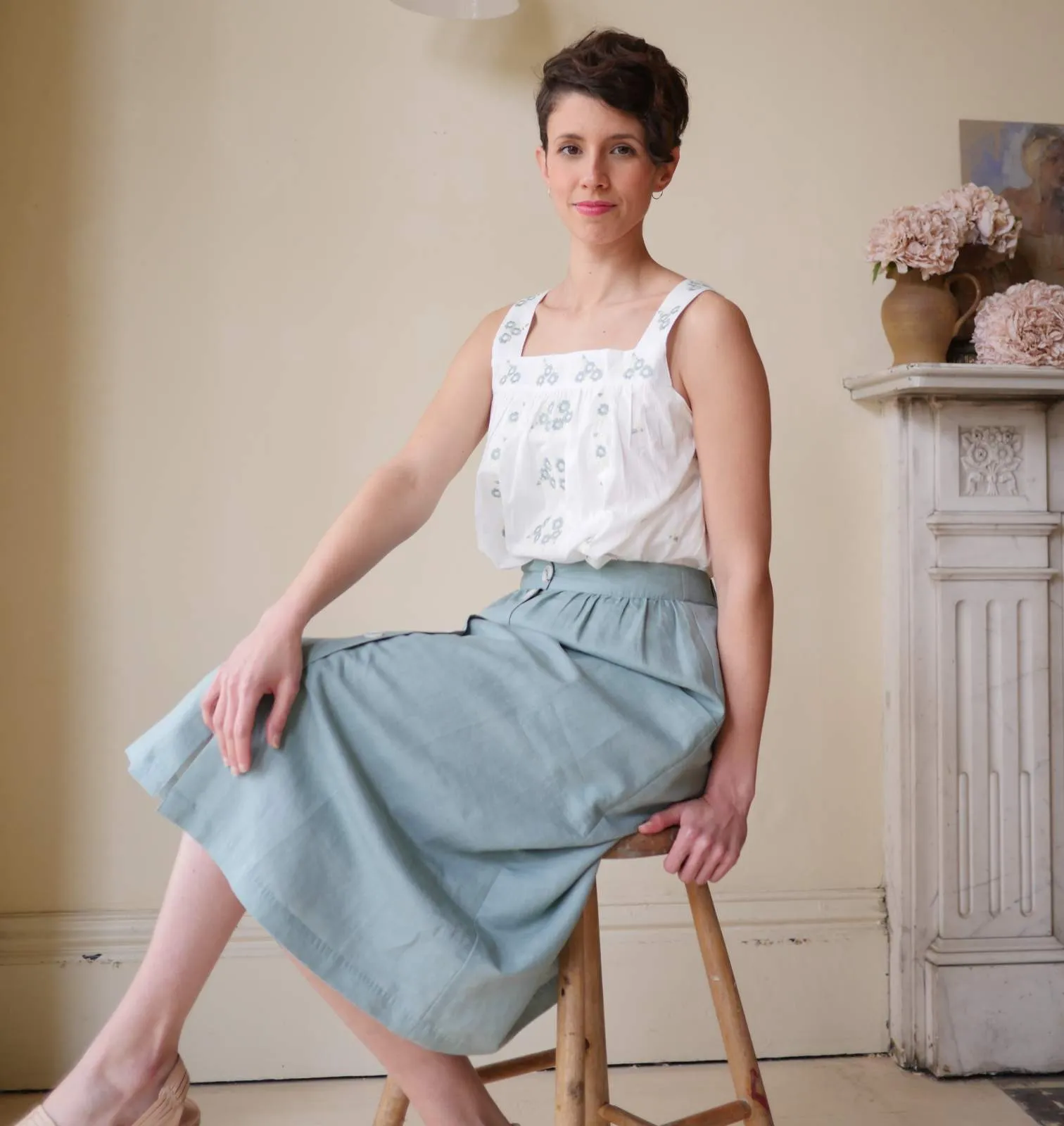 High Waisted Button Skirt - Duck Egg