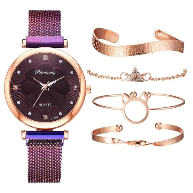 Hollow Kitty Fashion 5pcs Luxury Watch with Rhinestones Magnet Buckle Quartz Wrist Watch Bracelet Set