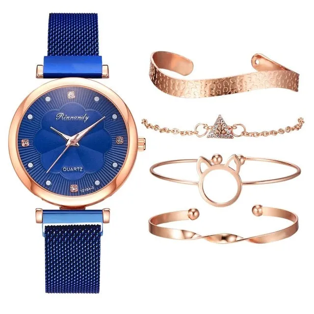 Hollow Kitty Fashion 5pcs Luxury Watch with Rhinestones Magnet Buckle Quartz Wrist Watch Bracelet Set