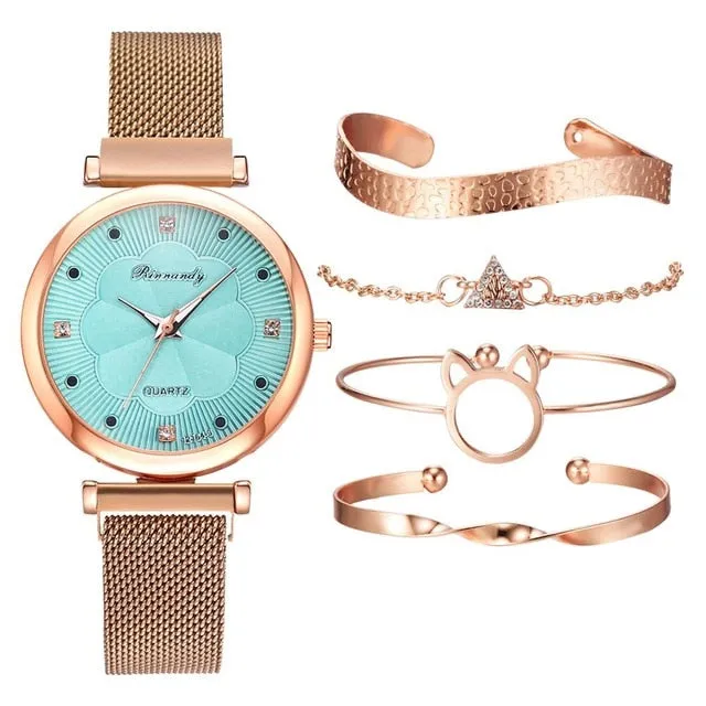 Hollow Kitty Fashion 5pcs Luxury Watch with Rhinestones Magnet Buckle Quartz Wrist Watch Bracelet Set