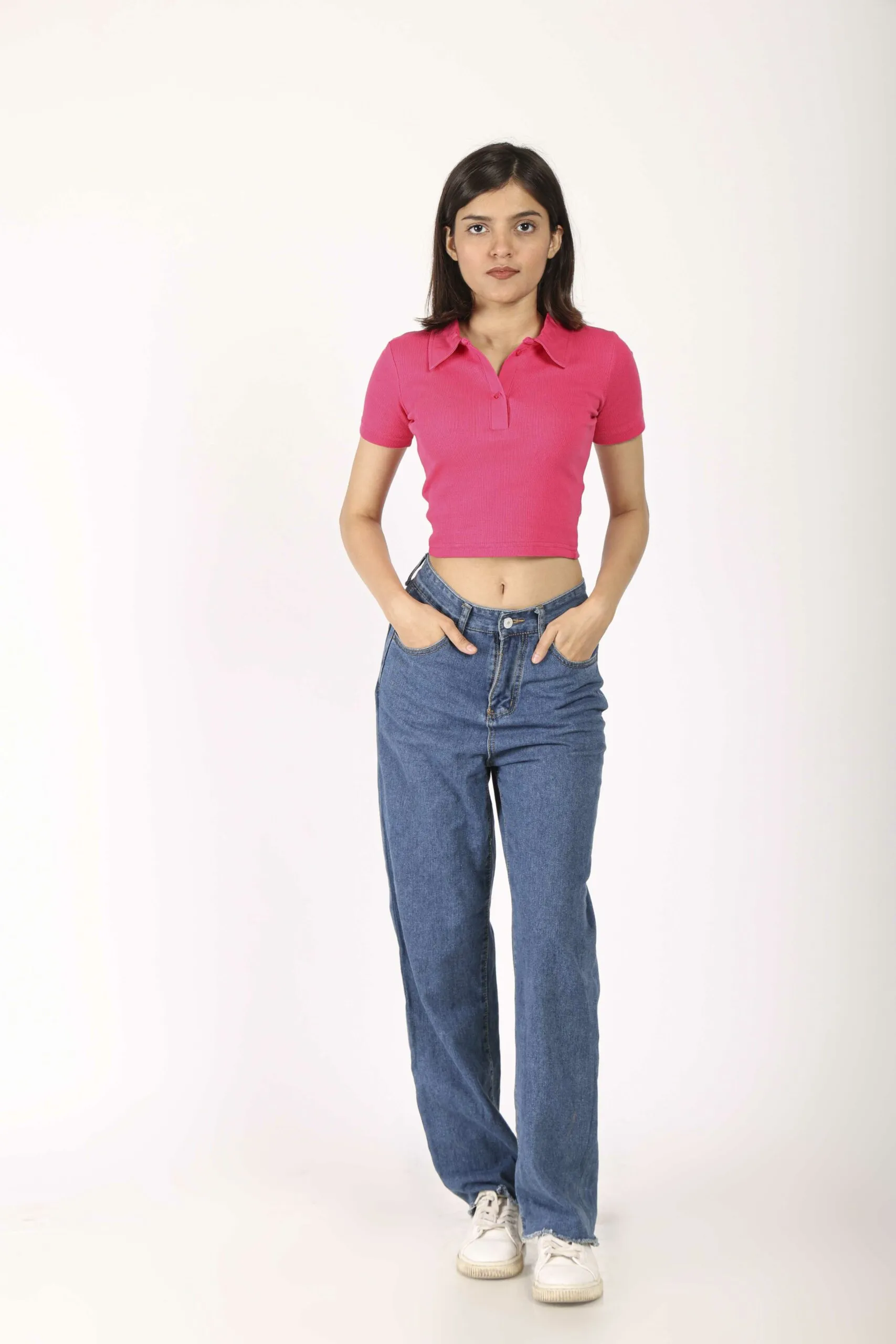 Hot Pink Ribbed Crop Polo