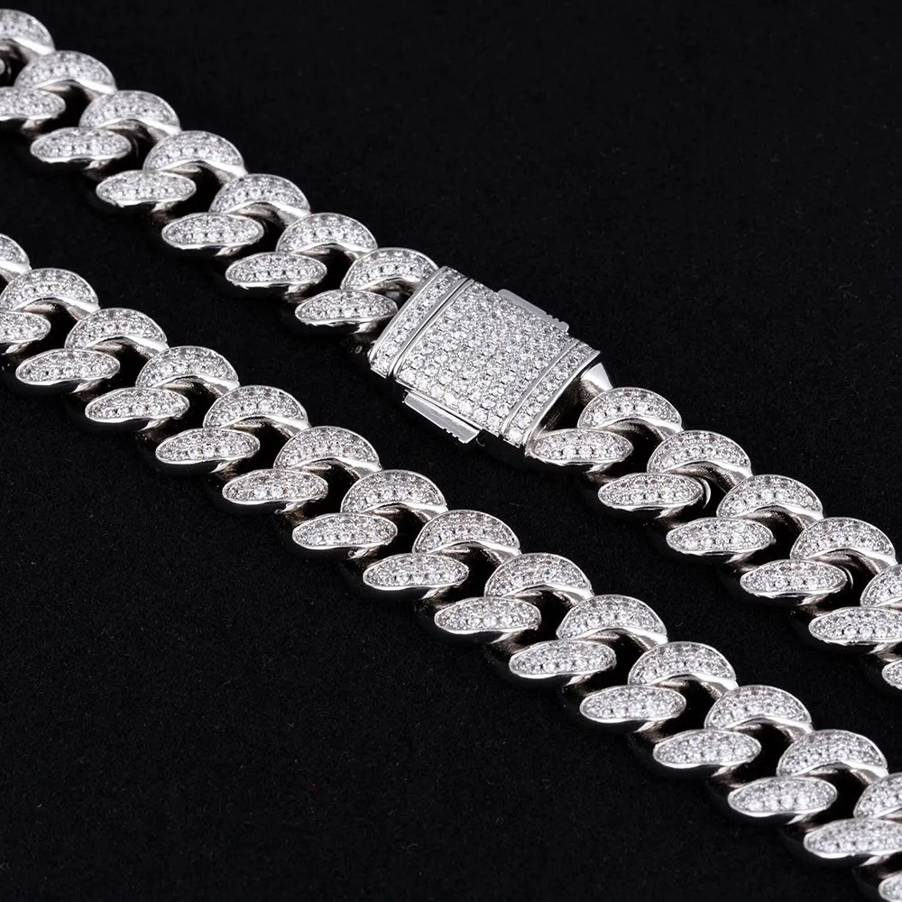 Iced Out Cuban Link Chain and Tennis Chain Set in White Gold KRKC