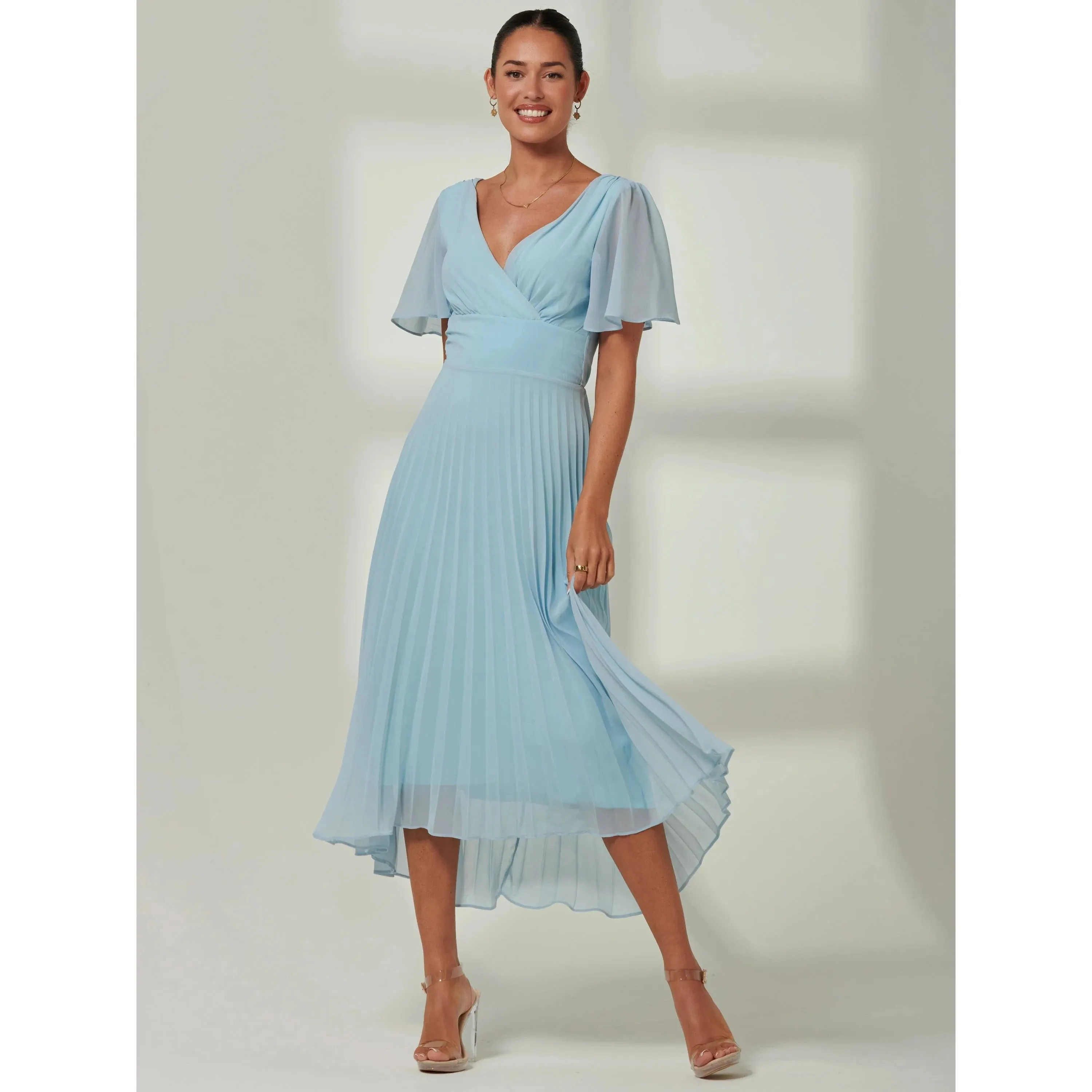 Jolie Moi Light Blue Pleated Chiffon Dress With Angel Sleeves