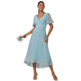 Jolie Moi Light Blue Pleated Chiffon Dress With Angel Sleeves