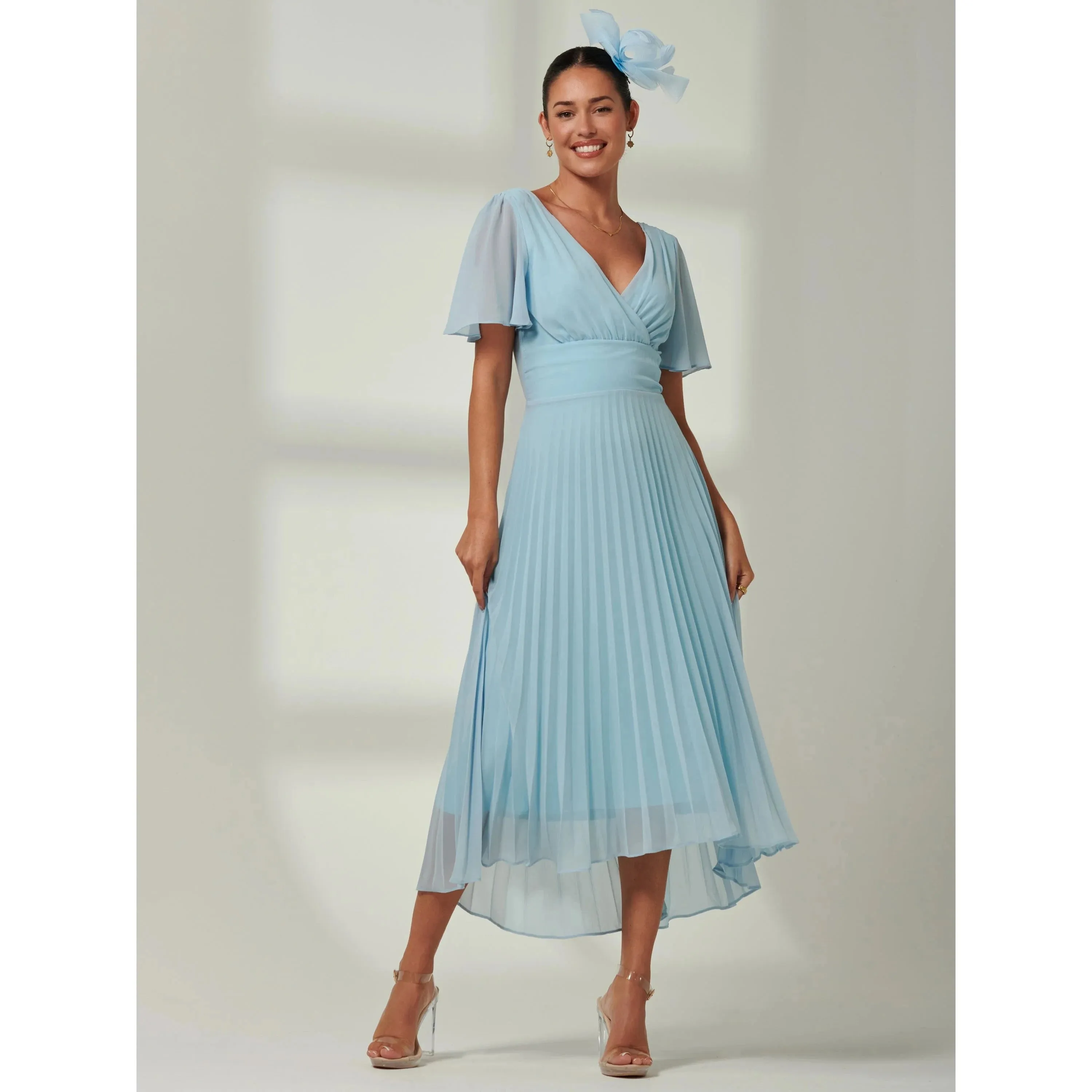 Jolie Moi Light Blue Pleated Chiffon Dress With Angel Sleeves