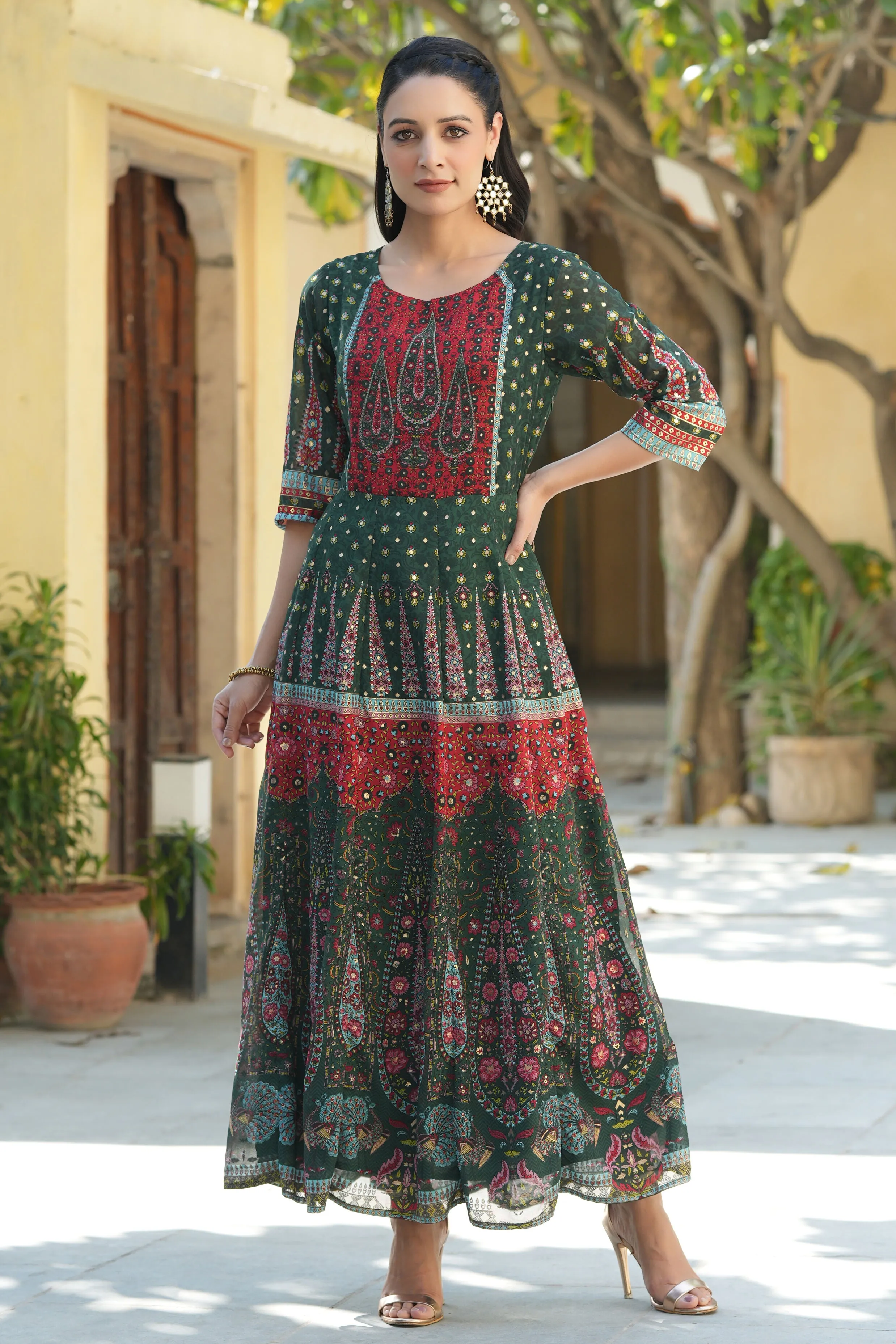 Juniper Jade Green Ethnic Motif Printed Georgette Anarkali Dress With Buttons.