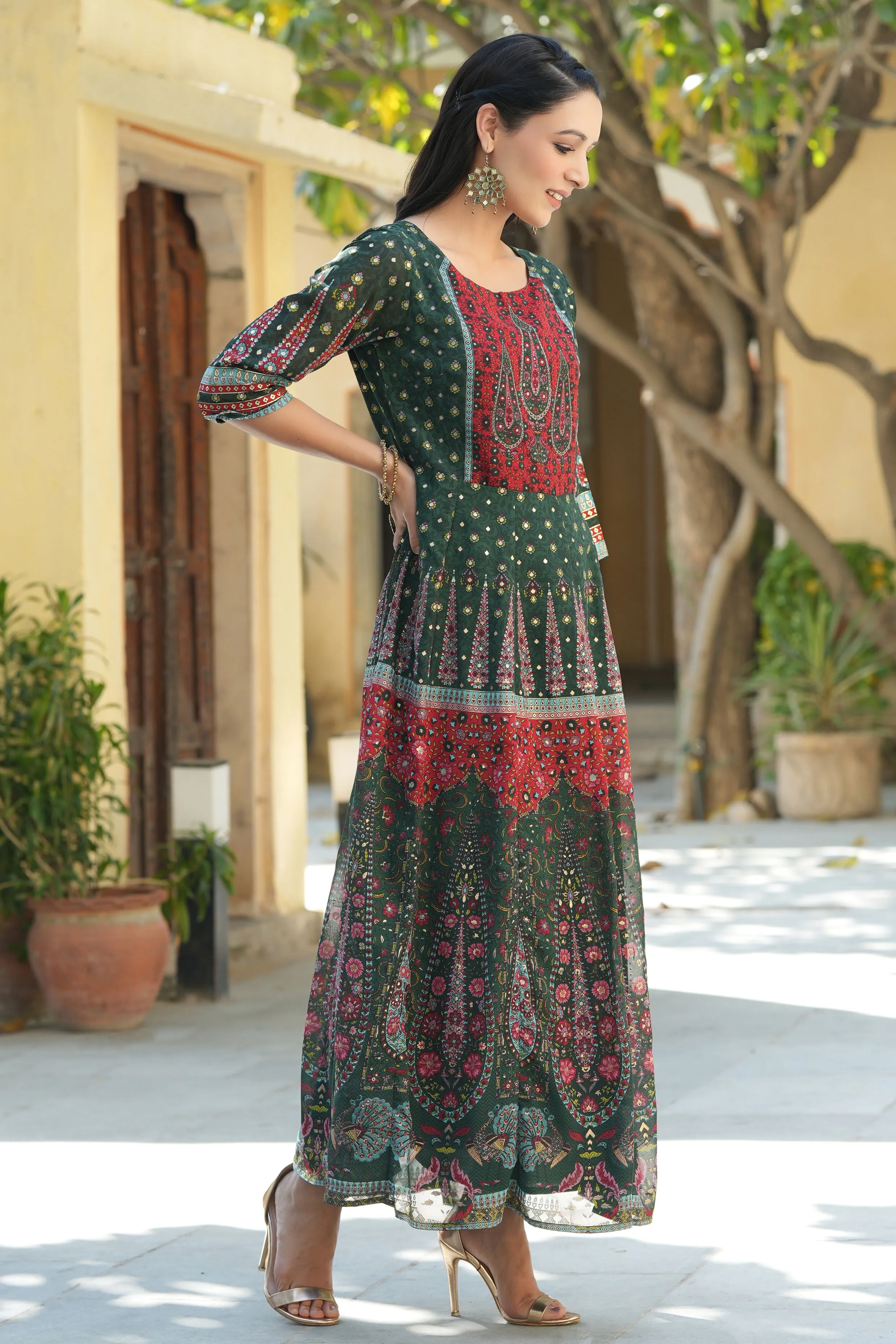 Juniper Jade Green Ethnic Motif Printed Georgette Anarkali Dress With Buttons.