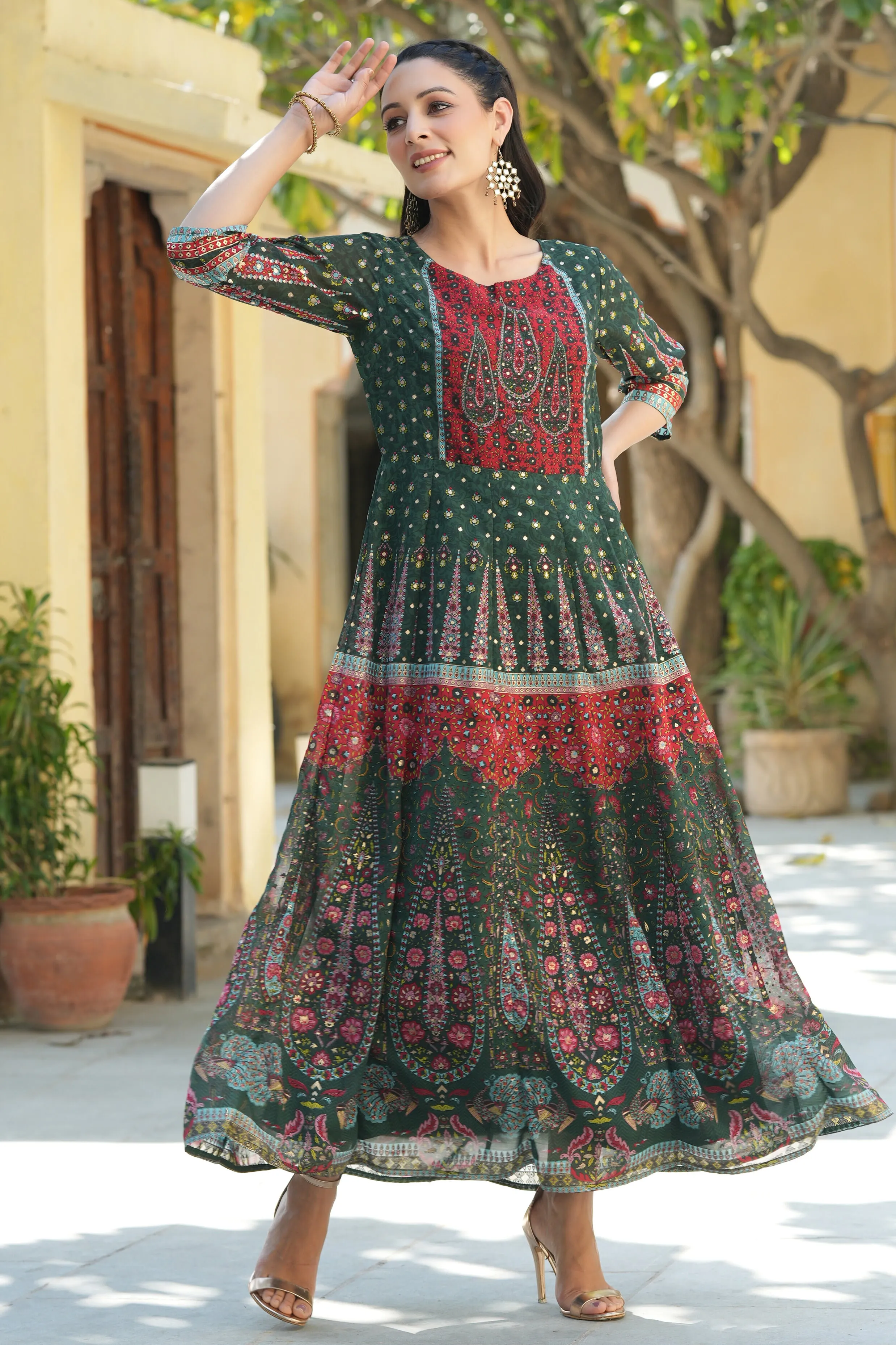 Juniper Jade Green Ethnic Motif Printed Georgette Anarkali Dress With Buttons.