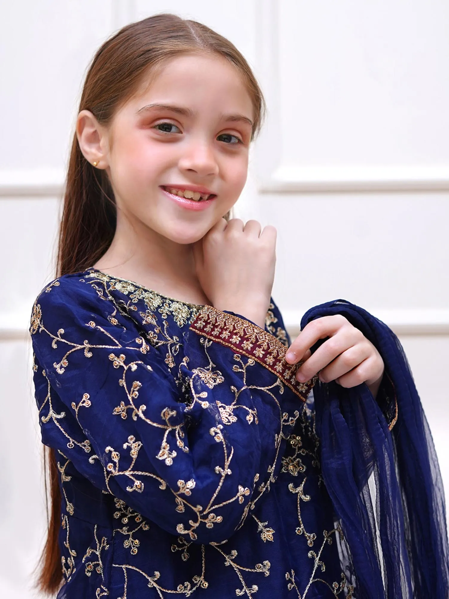 Kids Navy Blue Embroidered Organza Maxi Frock Suit